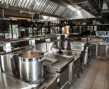 Professional kitchen, view counter in stainless steel .