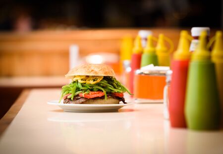 Chilean sandwich with meat and tomatoの写真素材