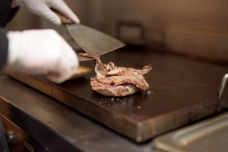 preparing sandiwch with meat, onion, mayo and picklesの写真素材