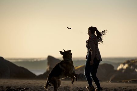 a girl plating with her dog on the beah