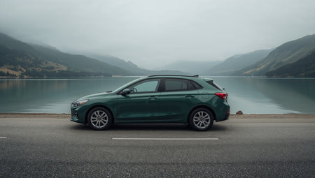 Green Hatchback Near Lake and Mountainsの素材