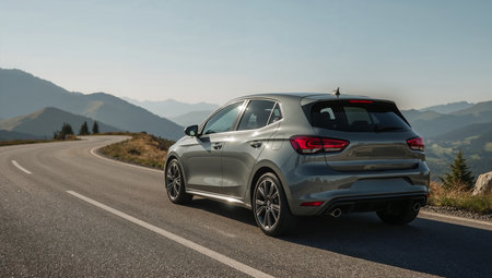 Grey Hatchback on Mountain Roadの素材