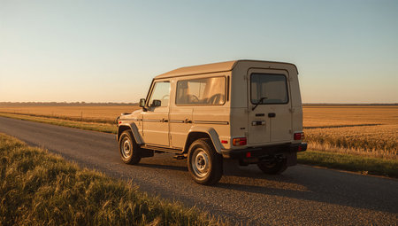 Vintage Beige SUV on Countryside Roadの素材