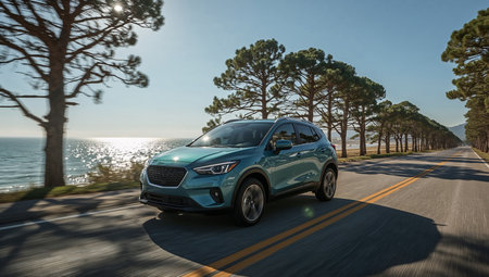 Blue SUV Driving by the Ocean Roadの素材