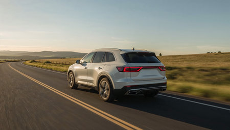 White SUV Driving at Sunsetの素材