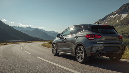 Grey Hatchback on Mountain Roadの素材