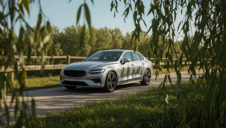 Silver Luxury Sedan on Roadの素材