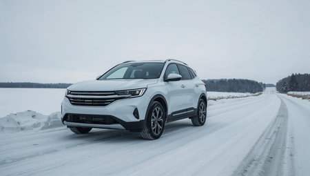 White SUV in Snow Roadの素材