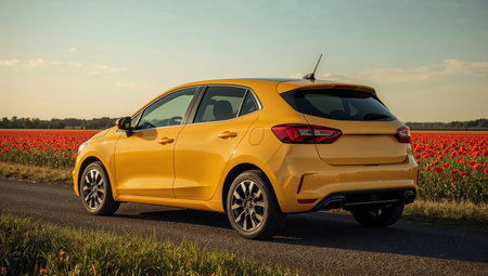 Yellow Compact Car on Flower Roadの素材