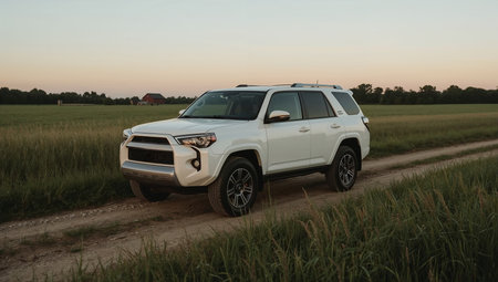 White SUV on Farm Road at Sunsetの素材