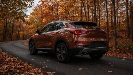 Bronze SUV in Autumn Forest Roadの素材
