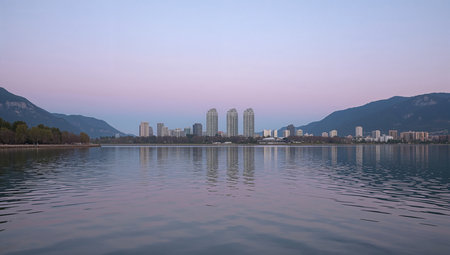 Coastal City with Mountains Reflected in Waterの素材