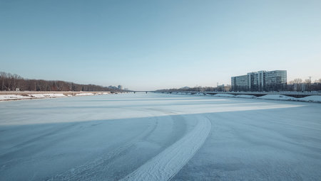 Frozen Lake with City Skyline in Winterの素材