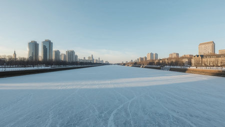 Frozen Lake with City Skyline in Winterの素材