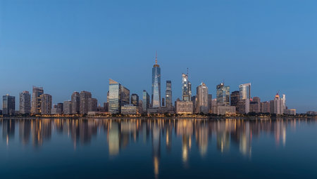 Modern City Skyline at Sunset Over Waterの素材