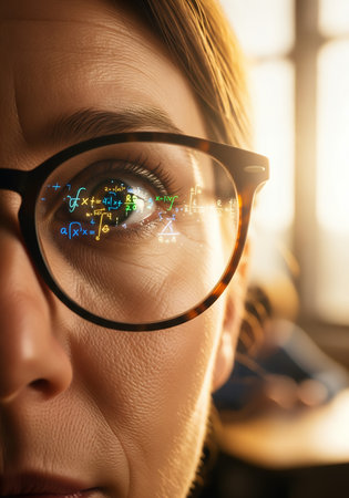 Teacher in classroom wearing glasses with mathematical formulas reflecting in lenses under warm daylightの素材