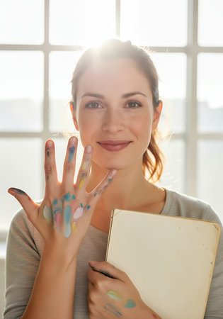Artist with paint on hands holding sketchbook in bright studio with sunlight through windowの素材