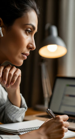 Teacher working at desk with laptop and notebook in home office at night, focused on writing notes under warm lamp lightingの素材