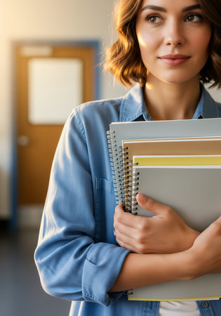 Teacher holding notebooks in a school hallway with classroom door in background, daylight indoor settingの素材