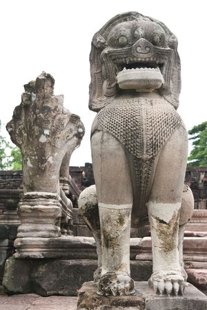 Lion guardian in Pimai Ancient City, Thailandの写真素材