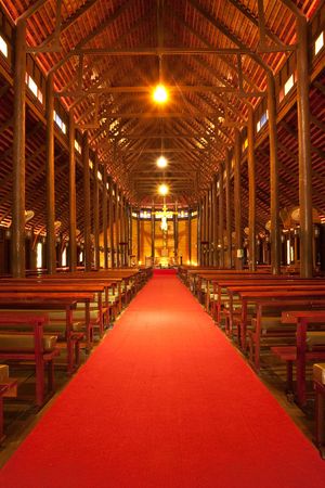Inside of old and biggest catholic wood church of Thailand, Yasothorn provinceの写真素材
