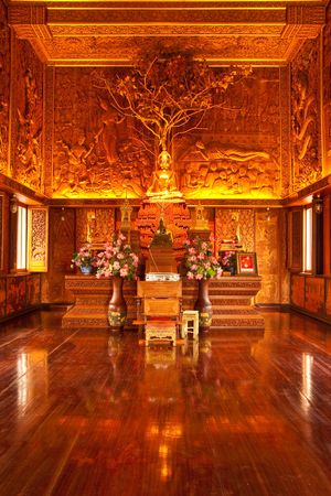 Inside of wholly teak wood church in Thailandの写真素材