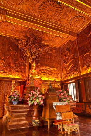 Inside of wholly teak wood church in Thailandの写真素材