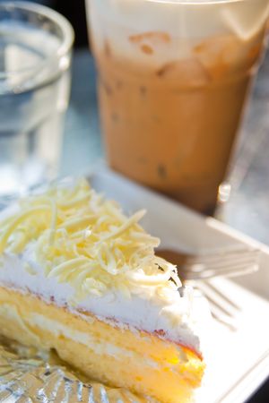 Piece of cak and ice coffeeの写真素材