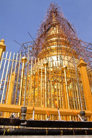Repairing of famous pagoda, Wat Phra Thai Hariphunchai, north of Thailandの写真素材