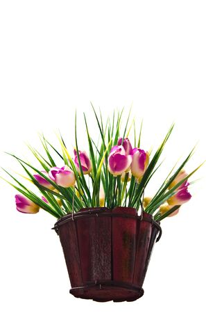 Artificial flower in wood basketの写真素材