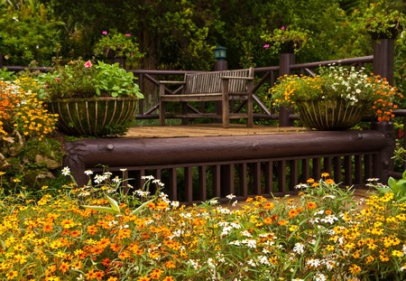 Wood bench in garenの写真素材