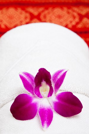 Cattleya orchid on native Thai style clothの写真素材