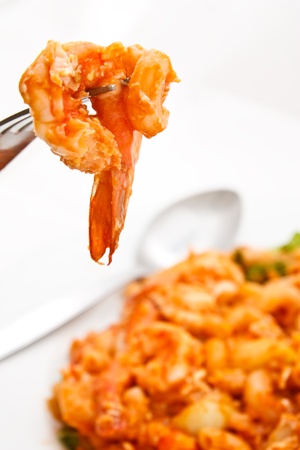 Macaroni fried with prawnの写真素材