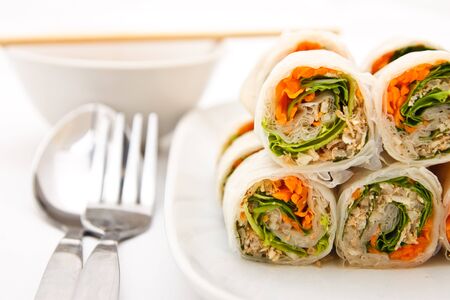 Vietnamese style food, vegetable rolled with white noodle