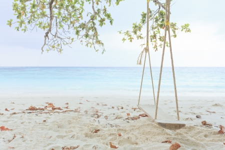 Wood swing and white sand beachの写真素材