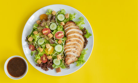 Top view shot of chicken salad anad sauce  with several kinds of fresh vegetable in white plate on yellow background.の写真素材