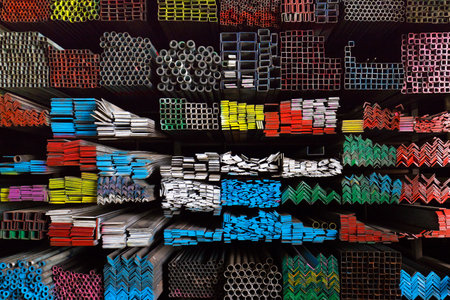 Stack of  vareity shapes colorful metal in iron store, steel warehouse for heavy industry or general...