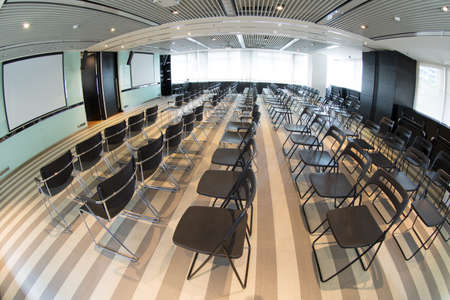 Empty meeting room taken with fisheye lens