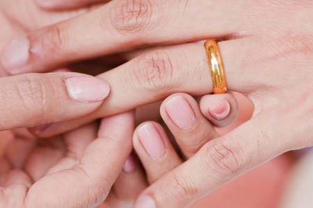 Female hand wear golden ring in to male finger