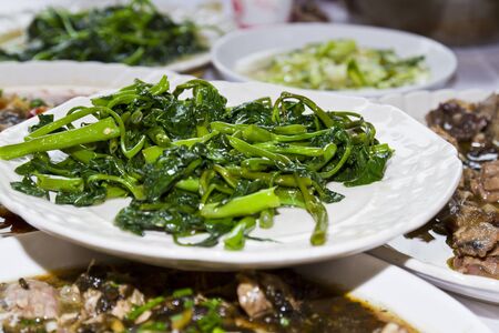 Fried Morning glory delicious food in Thailandの写真素材