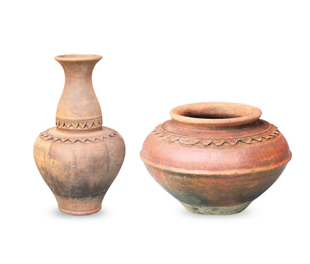 Old antique Jug and pot on white backgroundの写真素材