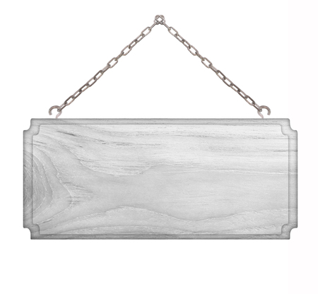 Wood sign from a chain isolated on whiteの写真素材