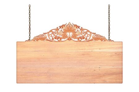 Wooden sign hanging on a chain isolated on white backgroundの写真素材