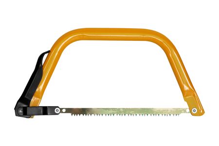 Bow saw, hand tools for sawing of wood on white backgroundの写真素材