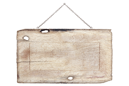 blank wooden sign hanging on a chain isolated on whiteの写真素材