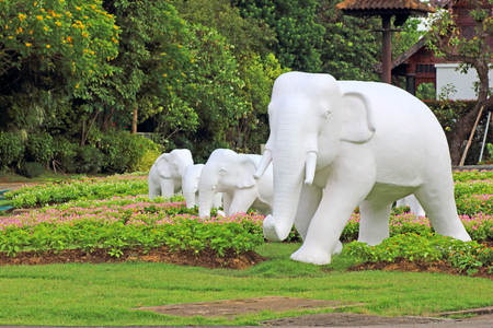 White elephant statue in the green garden backgroundの写真素材
