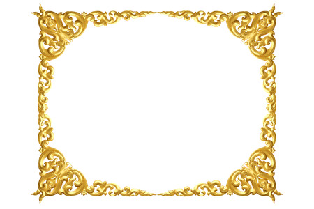 Pattern of wood carve gold paint for decoration isolated on white background, gold frameの写真素材
