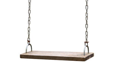old wooden swing isolated on white background with clipping pathの写真素材