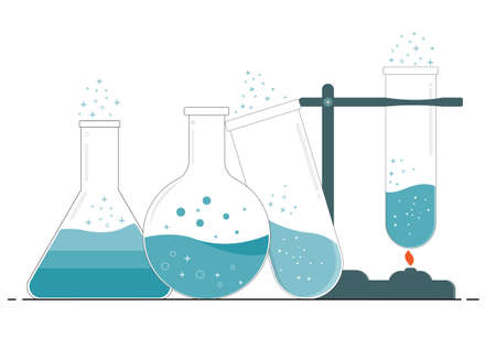 Graduated test tubes, beakers and bottles filled with different colored liquid illustrations. Equipment for collecting chemistry tests. 0のイラスト素材