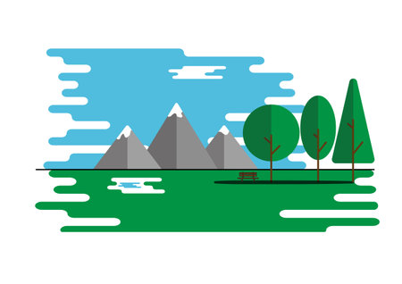 A bench on three trees and mountains in the garden.のイラスト素材